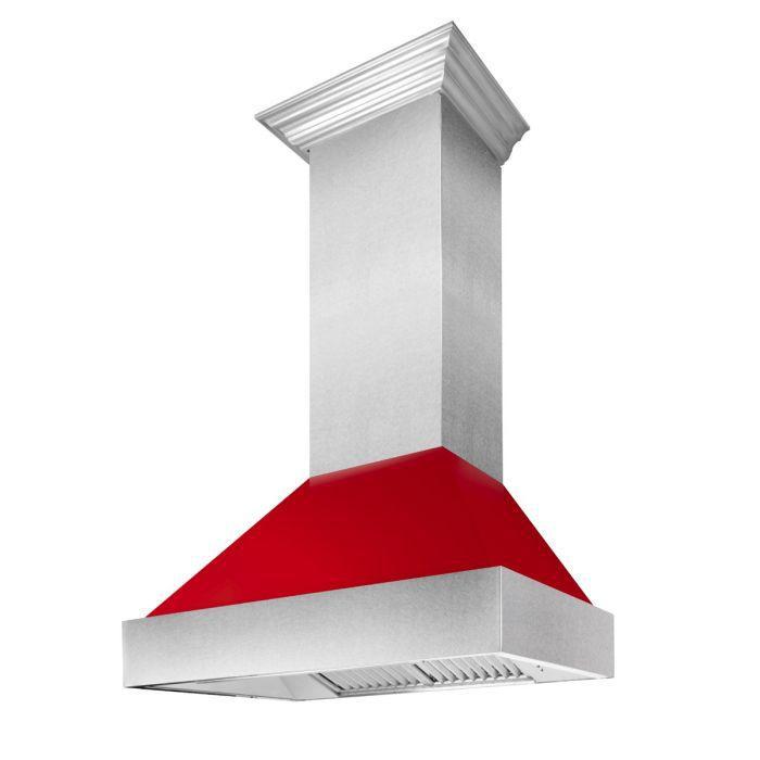 ZLINE 48" Wall Mount Range Hood Ducted Satin Stainless Steel Red Gloss Shell 400 CFM (8654RG-48)