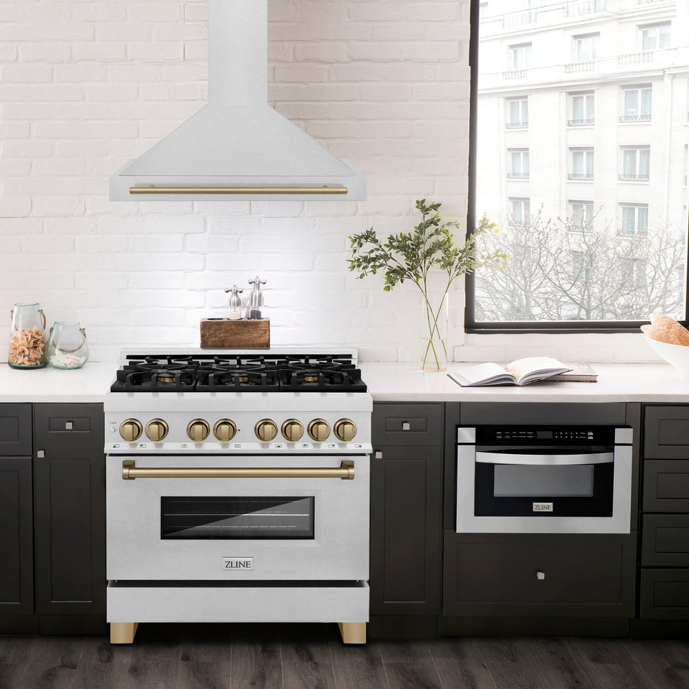 ZLINE 36 in. Wall Mount Range Hood – Satin Stainless Steel, Convertible Venting, Champagne Bronze Handle (KB4SNZ-36-CB)