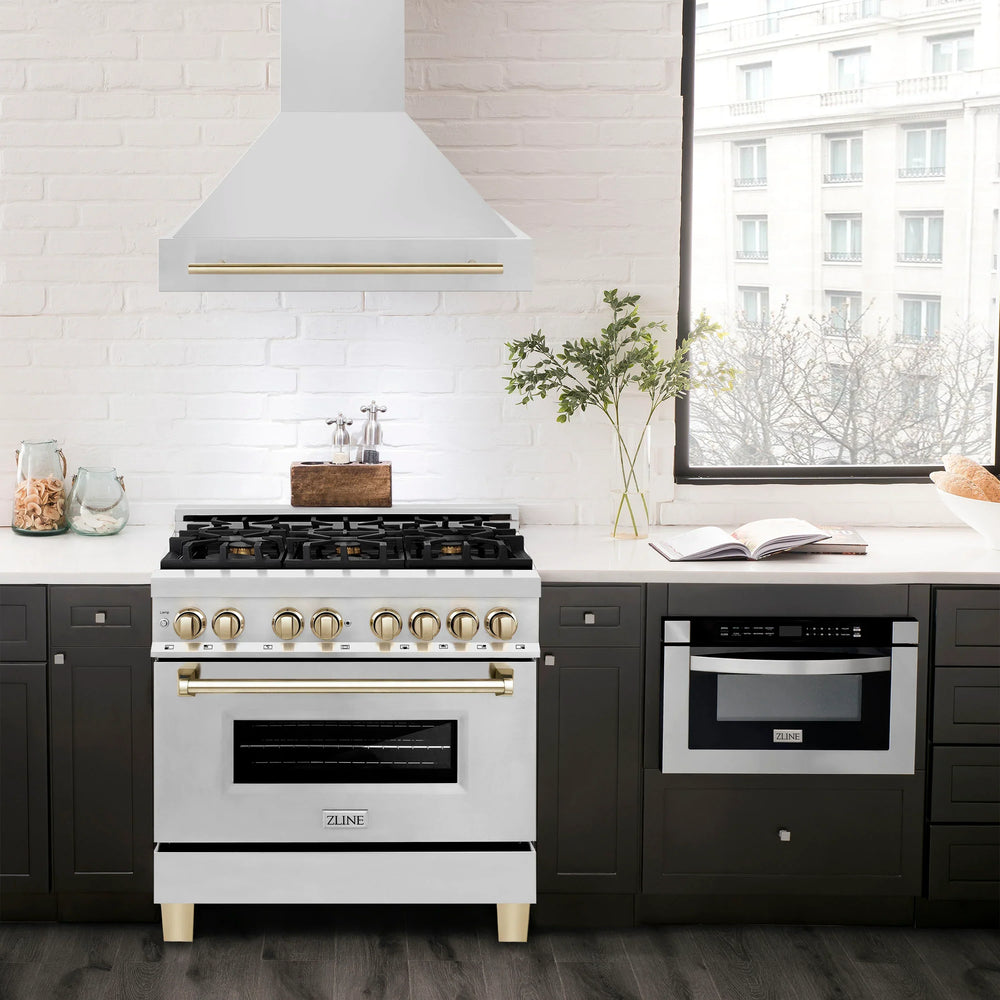 ZLINE 36 Inch Wall Mount Range Hood Stainless Steel Gold Handle Autograph Edition (8654STZ-36-G)