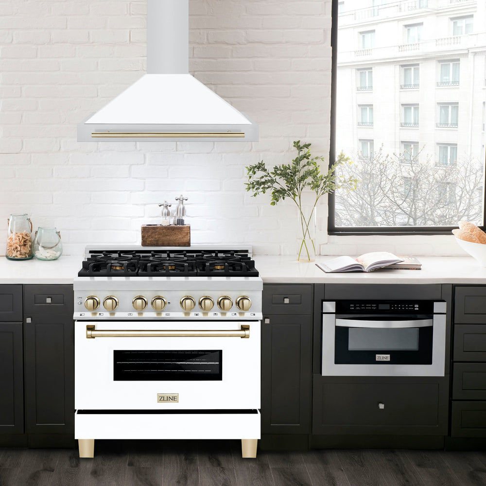 ZLINE 36 Inch Wall Mount Range Hood Stainless Steel Matte White Shell Gold Handle Autograph Edition (KB4STZ-WM36-G)