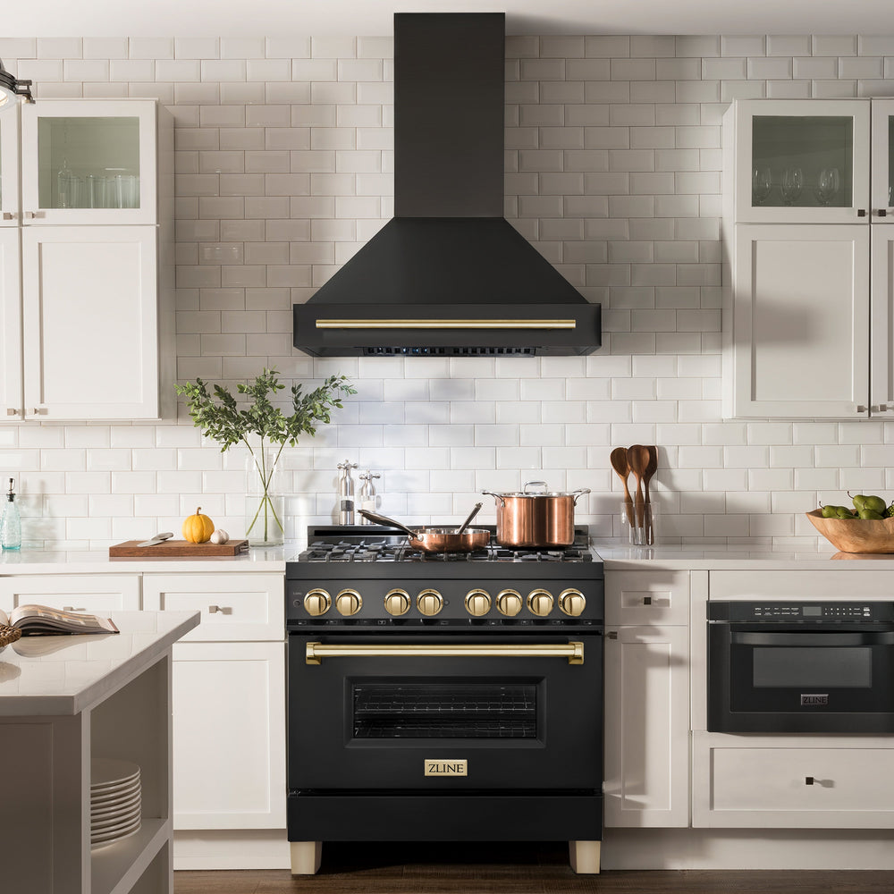 ZLINE 36 in. Wall Mount Range Hood Black Stainless Steel Autograph Edition Gold Handle 400 CFM (BS655Z-36-G)