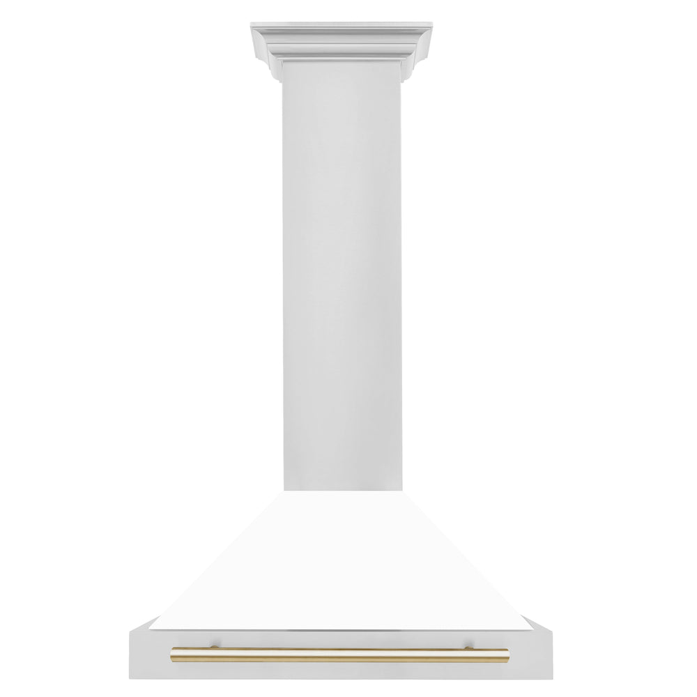 ZLINE 30 Inch Wall Mount Range Hood Stainless Steel White Matte Shell Gold Handle Autograph Edition 400 CFM (KB4STZ-WM30-G)