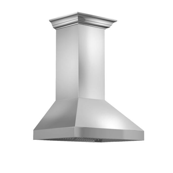 ZLINE 36 in. Wall Mount Range Hood – Stainless Steel, Convertible Vent, Crown Molding, 400 CFM (597CRN-36)